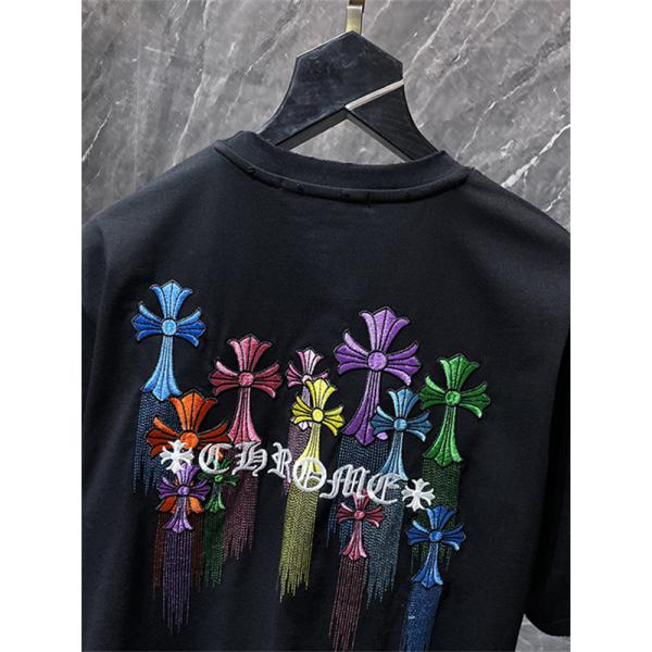 ホワイト 半袖Tシャツ Chrome Hearts クロムハーツ コピー マルチカラークロスロゴ バックデザイン 丸首 リラックスフィット ブラック