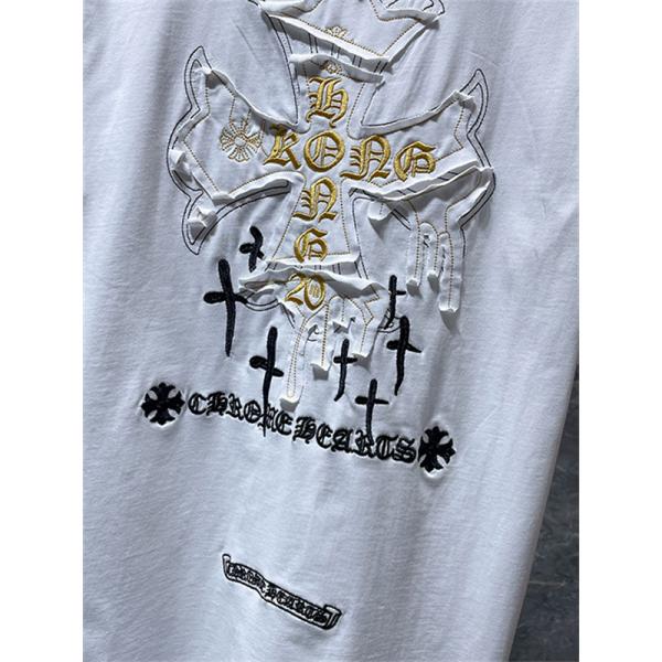 ホワイト 半袖カットソー Chrome Hearts クロムハーツ コピー ゴールドクロスグラフィック HONG KONGロゴ 丸首トップス
