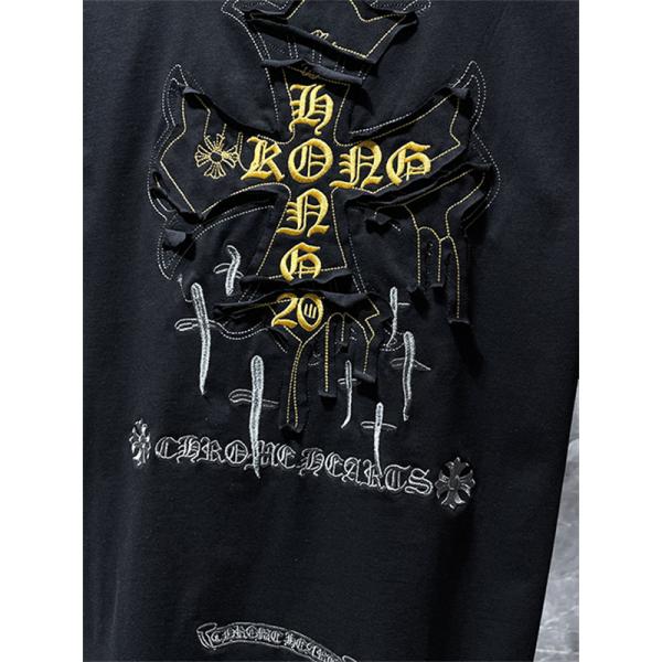 ホワイト 半袖カットソー Chrome Hearts クロムハーツ コピー ゴールドクロスグラフィック HONG KONGロゴ 丸首トップス
