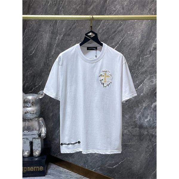 ホワイト 半袖カットソー Chrome Hearts クロムハーツ コピー ゴールドクロスグラフィック HONG KONGロゴ 丸首トップス