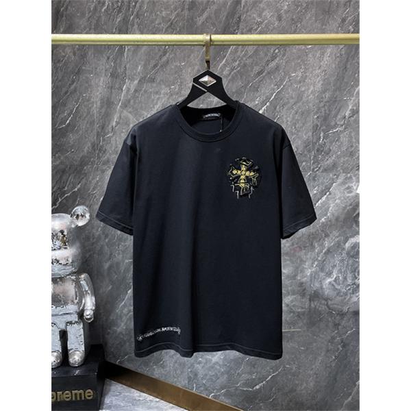 ホワイト 半袖カットソー Chrome Hearts クロムハーツ コピー ゴールドクロスグラフィック HONG KONGロゴ 丸首トップス