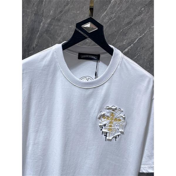 ホワイト 半袖カットソー Chrome Hearts クロムハーツ コピー ゴールドクロスグラフィック HONG KONGロゴ 丸首トップス