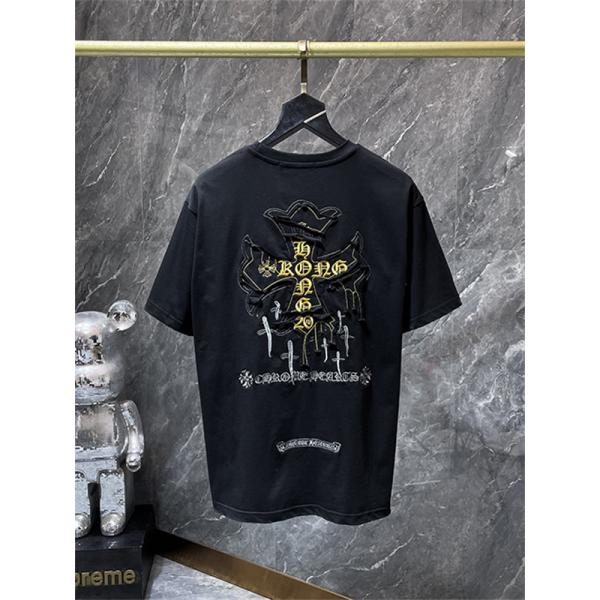 ホワイト 半袖カットソー Chrome Hearts クロムハーツ コピー ゴールドクロスグラフィック HONG KONGロゴ 丸首トップス