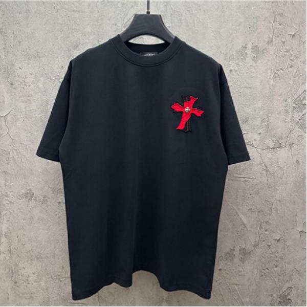 ディープグリーン 半袖Tシャツ Chrome Hearts クロムハーツ コピー 胸元サークルロゴ 同色刺繍調 クルーネック ゆったりシルエット