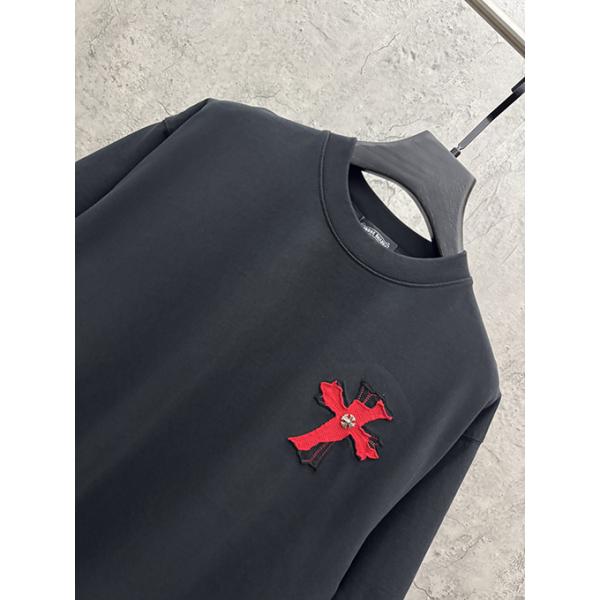ディープグリーン 半袖Tシャツ Chrome Hearts クロムハーツ コピー 胸元サークルロゴ 同色刺繍調 クルーネック ゆったりシルエット