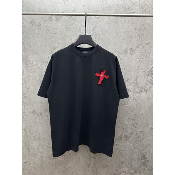 ディープグリーン 半袖Tシャツ Chrome Hearts クロムハーツ コピー 胸元サークルロゴ 同色刺繍調 クルーネック ゆったりシルエット
