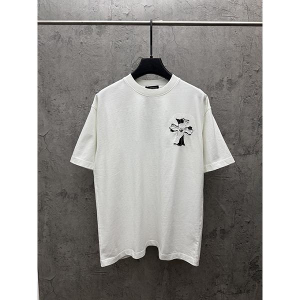 ディープグリーン 半袖Tシャツ Chrome Hearts クロムハーツ コピー 胸元サークルロゴ 同色刺繍調 クルーネック ゆったりシルエット
