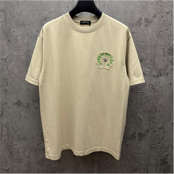  クリームベージュ 半袖Tシャツ Chrome Hearts クロムハーツ コピー 胸元グリーンサークルロゴ クルーネック ワンポイントデザイン
