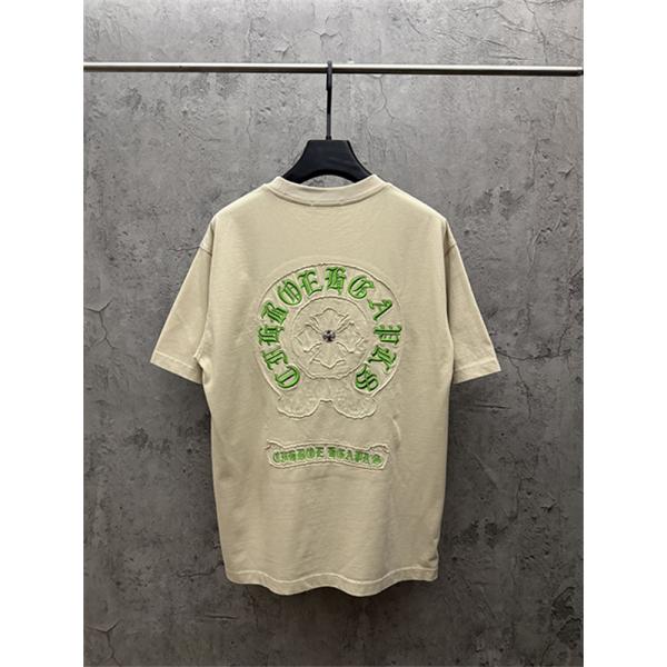  クリームベージュ 半袖Tシャツ Chrome Hearts クロムハーツ コピー 胸元グリーンサークルロゴ クルーネック ワンポイントデザイン
