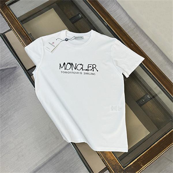 ホワイト 半袖Tシャツ MONCLER モンクレール コピー TOMORROW IS SMILINGロゴ クルーネック フロント英字プリント すっきりシルエット