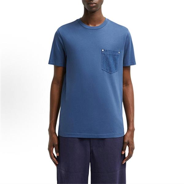 ネイビー 半袖Tシャツ MONCLER モンクレール コピー デニム胸ポケット 袖ワッペン クルーネック シンプルカジュアル