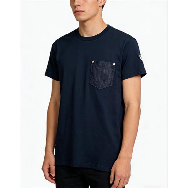 ネイビー 半袖Tシャツ MONCLER モンクレール コピー デニム胸ポケット 袖ワッペン クルーネック シンプルカジュアル
