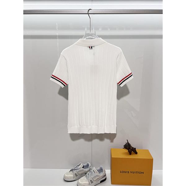 ブラック ニットポロシャツ MONCLER モンクレール コピー 袖ライン配色 リブ編み 半袖 襟付き ボタンデザイン