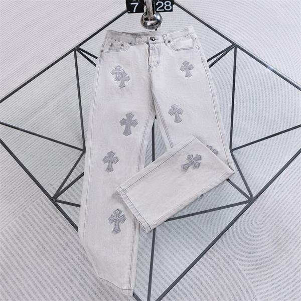 ライトグレー デニムパンツ Chrome Hearts クロムハーツ コピー クロス刺繍パッチ ウォッシュ加工 ストレートシルエット 5ポケットジーンズ
