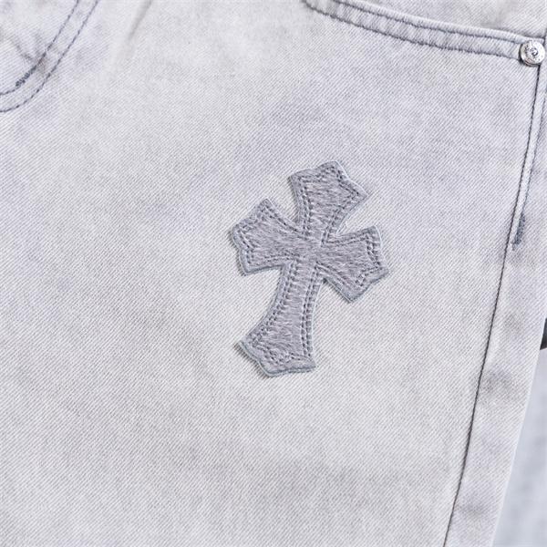 ライトグレー デニムパンツ Chrome Hearts クロムハーツ コピー クロス刺繍パッチ ウォッシュ加工 ストレートシルエット 5ポケットジーンズ
