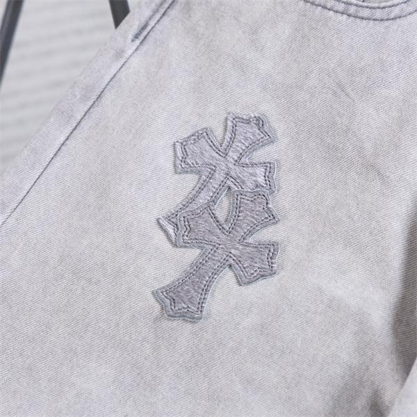 ライトグレー デニムパンツ Chrome Hearts クロムハーツ コピー クロス刺繍パッチ ウォッシュ加工 ストレートシルエット 5ポケットジーンズ