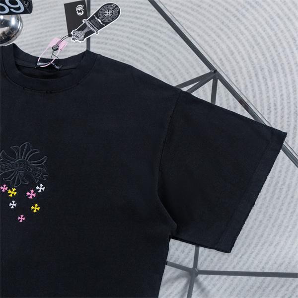  ホワイト 半袖Tシャツ Chrome Hearts クロムハーツ コピー 淡色フローラルクロス刺繍風 マルチカラー小クロス クルーネック ボックスシルエット