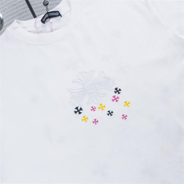  ホワイト 半袖Tシャツ Chrome Hearts クロムハーツ コピー 淡色フローラルクロス刺繍風 マルチカラー小クロス クルーネック ボックスシルエット