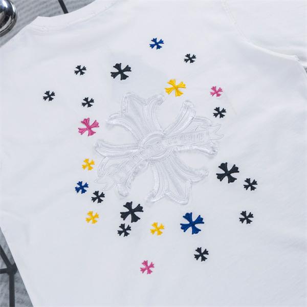 ホワイト 半袖Tシャツ Chrome Hearts クロムハーツ コピー 淡色フローラルクロス刺繍風 マルチカラー小クロス クルーネック ボックスシルエット