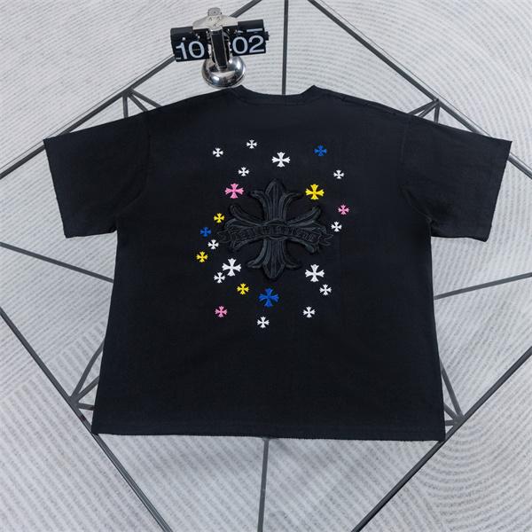  ホワイト 半袖Tシャツ Chrome Hearts クロムハーツ コピー 淡色フローラルクロス刺繍風 マルチカラー小クロス クルーネック ボックスシルエット