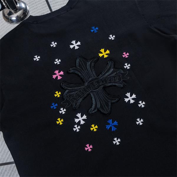  ホワイト 半袖Tシャツ Chrome Hearts クロムハーツ コピー 淡色フローラルクロス刺繍風 マルチカラー小クロス クルーネック ボックスシルエット