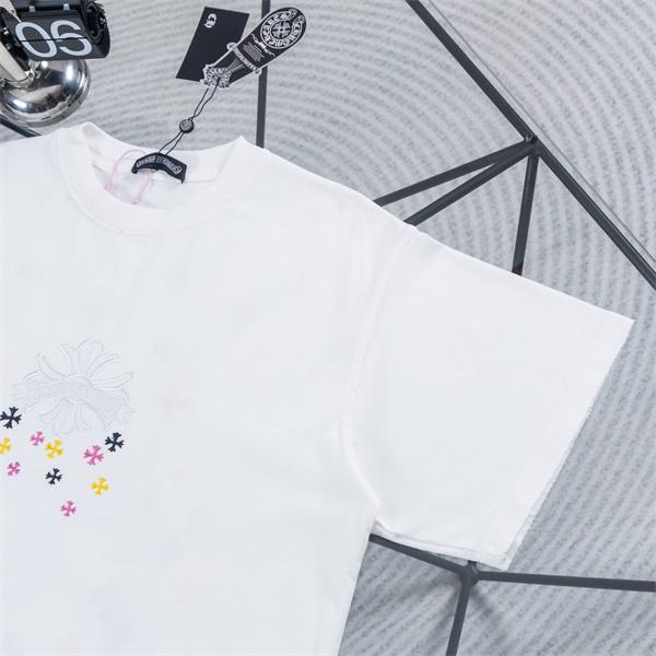  ホワイト 半袖Tシャツ Chrome Hearts クロムハーツ コピー 淡色フローラルクロス刺繍風 マルチカラー小クロス クルーネック ボックスシルエット