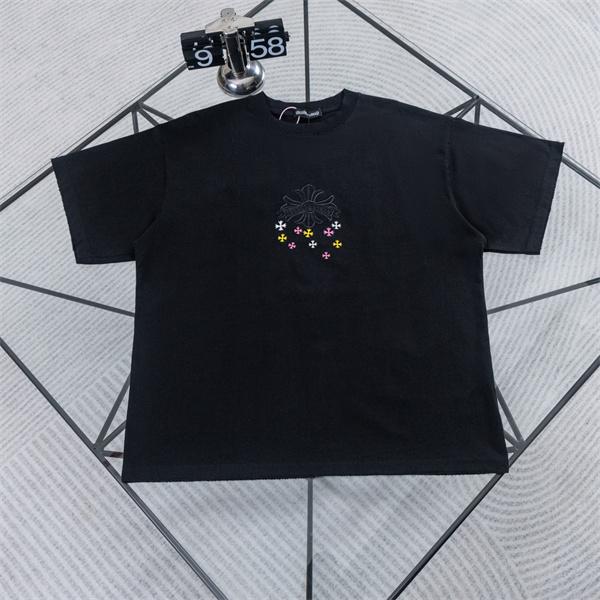  ホワイト 半袖Tシャツ Chrome Hearts クロムハーツ コピー 淡色フローラルクロス刺繍風 マルチカラー小クロス クルーネック ボックスシルエット