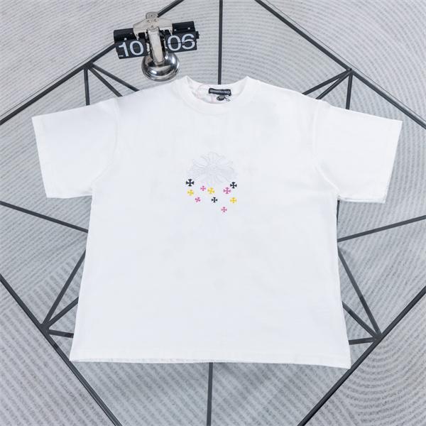  ホワイト 半袖Tシャツ Chrome Hearts クロムハーツ コピー 淡色フローラルクロス刺繍風 マルチカラー小クロス クルーネック ボックスシルエット