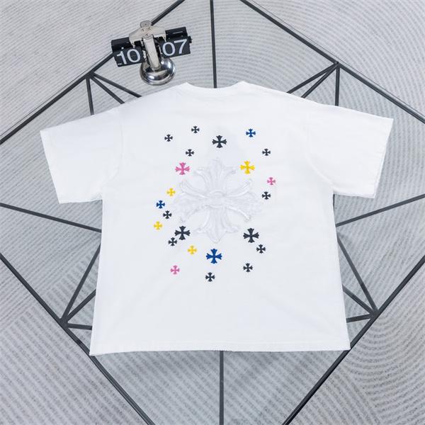  ホワイト 半袖Tシャツ Chrome Hearts クロムハーツ コピー 淡色フローラルクロス刺繍風 マルチカラー小クロス クルーネック ボックスシルエット