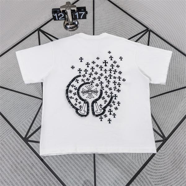 ブラック 半袖カットソー Chrome Hearts クロムハーツ コピー バックビッグクロス マルチカラー刺繍調 クルーネック ストリートトップス