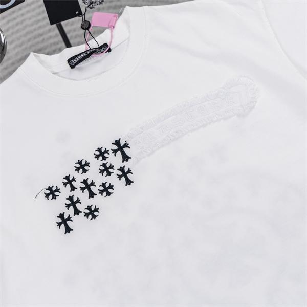ブラック 半袖カットソー Chrome Hearts クロムハーツ コピー バックビッグクロス マルチカラー刺繍調 クルーネック ストリートトップス