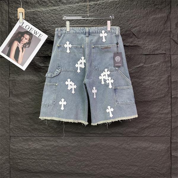 ライトブルー デニムショーツ Chrome Hearts クロムハーツ コピー ブラッククロスワッペン ウォッシュ加工 ハーフパンツ ワイドシルエット
