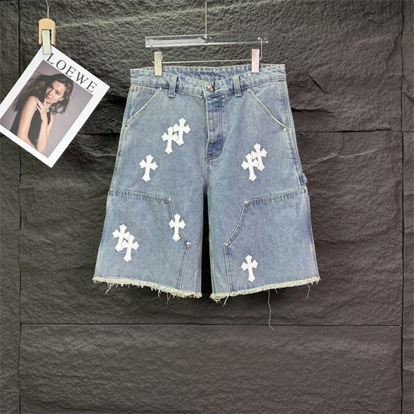 ライトブルー デニムショーツ Chrome Hearts クロムハーツ コピー ブラッククロスワッペン ウォッシュ加工 ハーフパンツ ワイドシルエット
