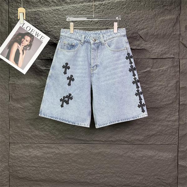 ライトブルー デニムショーツ Chrome Hearts クロムハーツ コピー ブラッククロスワッペン ウォッシュ加工 ハーフパンツ ワイドシルエット