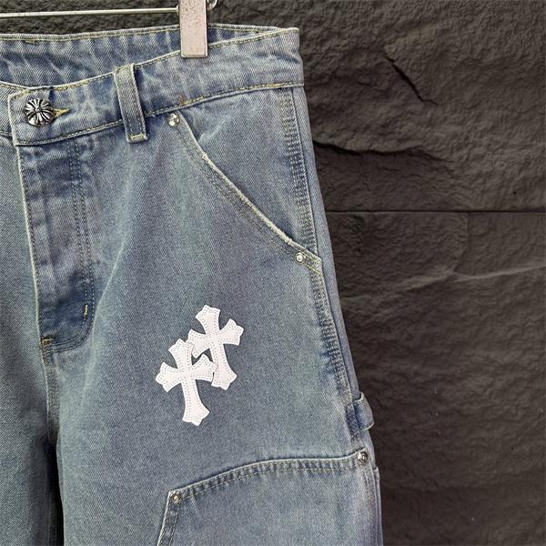 ライトブルー デニムショーツ Chrome Hearts クロムハーツ コピー ブラッククロスワッペン ウォッシュ加工 ハーフパンツ ワイドシルエット