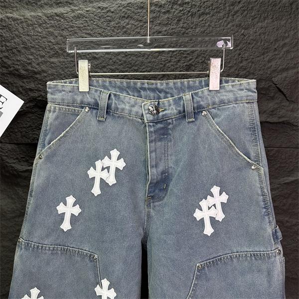 ライトブルー デニムショーツ Chrome Hearts クロムハーツ コピー ブラッククロスワッペン ウォッシュ加工 ハーフパンツ ワイドシルエット