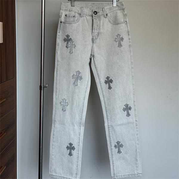  ライトグレー ストレートデニムパンツ Chrome Hearts クロムハーツ コピー クロスパッチ装飾 ウォッシュ加工 5ポケット ジーンズ