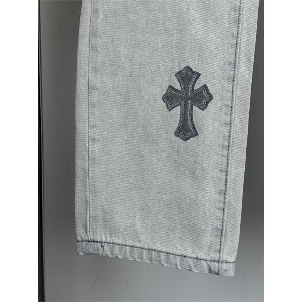  ライトグレー ストレートデニムパンツ Chrome Hearts クロムハーツ コピー クロスパッチ装飾 ウォッシュ加工 5ポケット ジーンズ