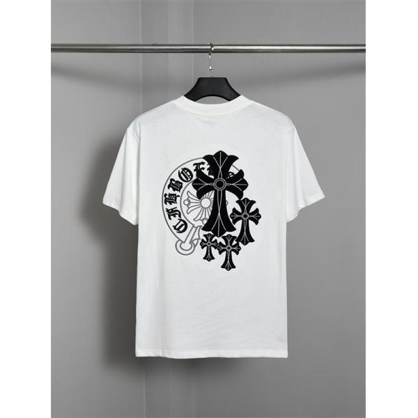ホワイト 半袖Tシャツ Chrome Hearts クロムハーツ コピー 胸元ワンポイントロゴ バックビッグクロスグラフィック クルーネック モノトーンデザイン