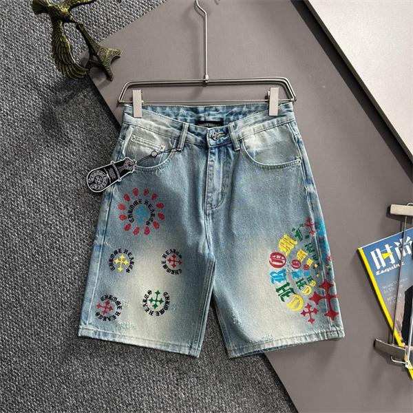 ライトブルー デニムショーツ Chrome Hearts クロムハーツ コピー マルチカラーロゴ クロスプリント ウォッシュ加工 ハーフパンツ