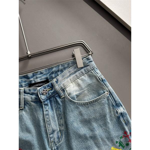ライトブルー デニムショーツ Chrome Hearts クロムハーツ コピー マルチカラーロゴ クロスプリント ウォッシュ加工 ハーフパンツ