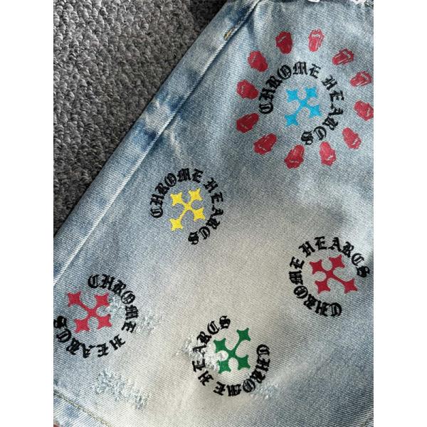 ライトブルー デニムショーツ Chrome Hearts クロムハーツ コピー マルチカラーロゴ クロスプリント ウォッシュ加工 ハーフパンツ