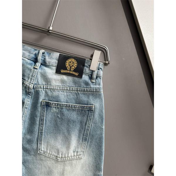 ライトブルー デニムショーツ Chrome Hearts クロムハーツ コピー マルチカラーロゴ クロスプリント ウォッシュ加工 ハーフパンツ