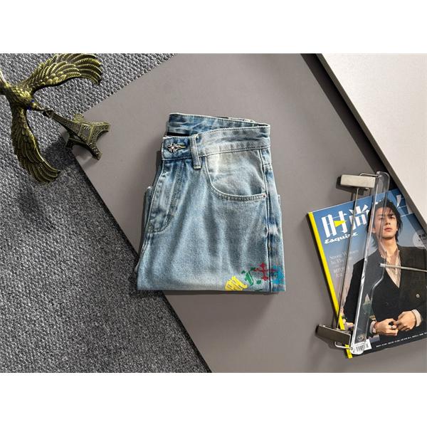 ライトブルー デニムショーツ Chrome Hearts クロムハーツ コピー マルチカラーロゴ クロスプリント ウォッシュ加工 ハーフパンツ