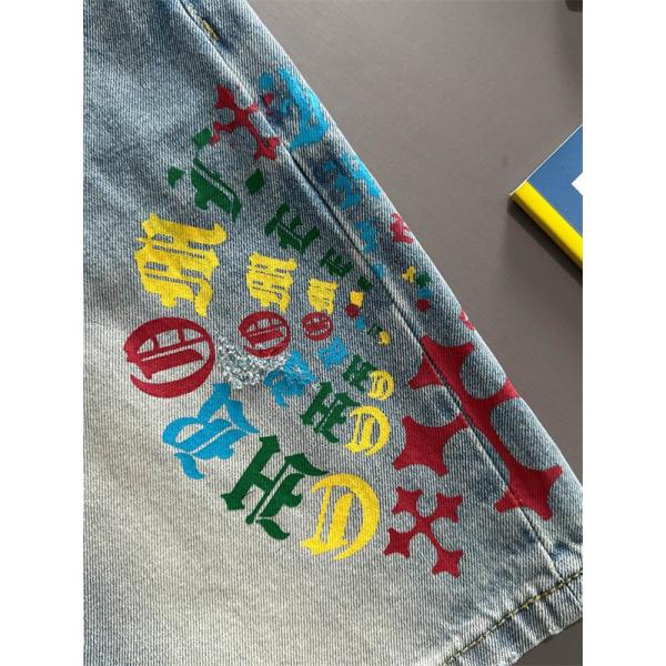 ライトブルー デニムショーツ Chrome Hearts クロムハーツ コピー マルチカラーロゴ クロスプリント ウォッシュ加工 ハーフパンツ