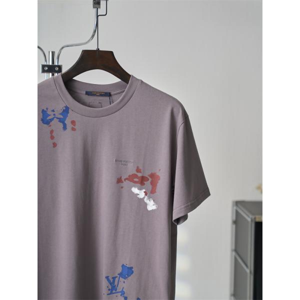   モーブグレー 半袖Tシャツ Louis Vuitton ルイヴィトン コピー ペイントスプラッシュ柄 クルーネック アートプリント ゆったりシルエット