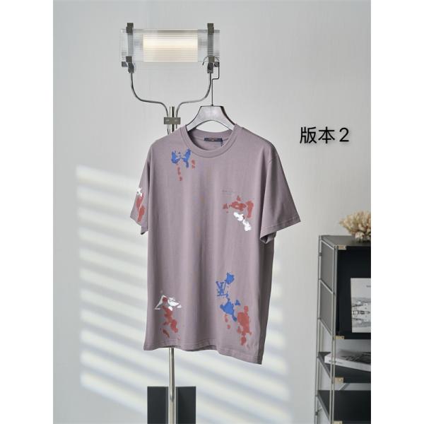   モーブグレー 半袖Tシャツ Louis Vuitton ルイヴィトン コピー ペイントスプラッシュ柄 クルーネック アートプリント ゆったりシルエット