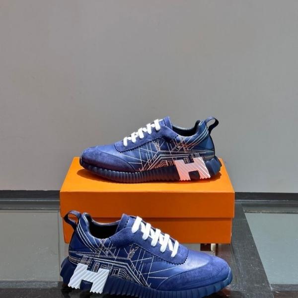 2026新作 HERMES エルメス コピー レザースニーカー メンズ ローカット シューズ ネイビー 配色デザイン カジュアル 高級感