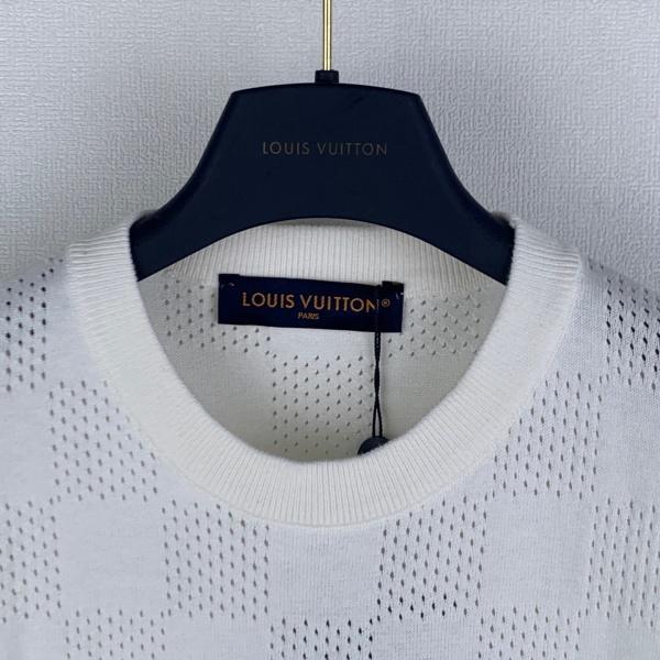 2026新作 LOUIS VUITTON ルイヴィトン コピー ダミエ柄 ニットTシャツ メンズ 半袖 クルーネック ホワイト ジャカード 高級感 カジュアル