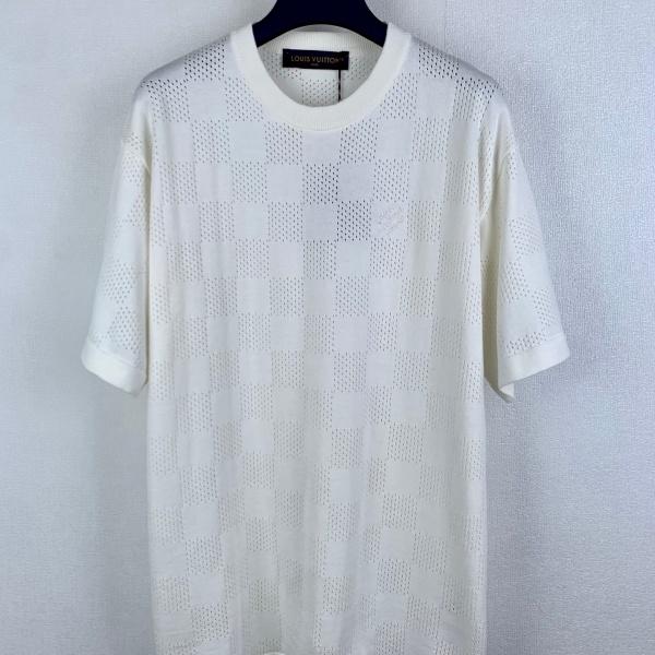 2026新作 LOUIS VUITTON ルイヴィトン コピー ダミエ柄 ニットTシャツ メンズ 半袖 クルーネック ホワイト ジャカード 高級感 カジュアル